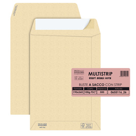 Busta a sacco Multi Strip - strip adesivo - 19 x 26 cm - 100 gr - carta riciclata FSC  - avana - Pigna - conf. 500 pezzi