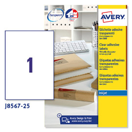 Etichette adesive J8567 - in poliestere - inkjet - permanenti - 210 x 297 mm - 1 et/fg - 25 fogli - trasparente - Avery