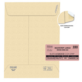 Busta a sacco Multi Strip Large - soffietti laterali - strip adesivo - 19 x 26 x 4 cm - 100 gr - carta riciclata FSC   - avana - Pigna - conf. 250 pezzi