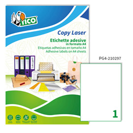 Etichette adesive PG4 - in carta - permanenti - 210 x 297 mm - 1 et/fg - 100 fogli - bianco lucido - Tico