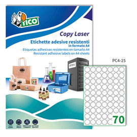 Etichette adesive tonde PC4 - in poliestere - laser - permanenti - diametro 25 mm - 70 et/fg - 100 fogli - trasparente - Tico
