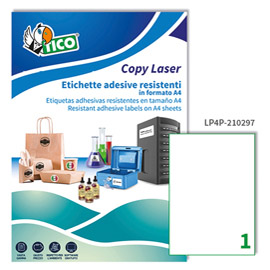 Etichette adesive LP4P - in poliestere - laser - permanenti - 210 x 297 mm - 1 et/fg - 70 fogli - bianco - Tico