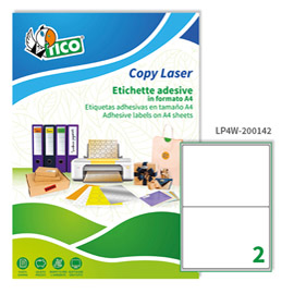 Etichette adesive LP4W - in carta - angoli arrotondati - laser - permanenti - 200 x 142 mm - 2 et/fg - 100 fogli - bianco - Tico