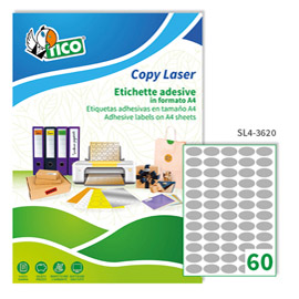Etichette adesive ovali SL4 - in carta - permanenti - 36 x 20 mm - 60 et/fg - 100 fogli - argento satinato - Tico