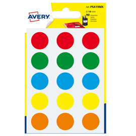 Etichette adesive tonde PSA - in carta - permanenti - diametro 19 mm - 15 et/fg - 6 fogli - colori assortiti - Avery
