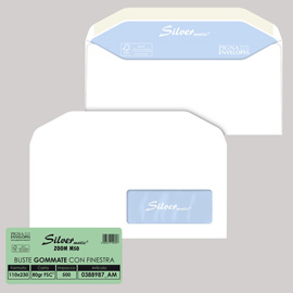 Busta Silver Matic Lux FSC  - con finestra - gommata - 11 x 23 cm - 80 gr - bianco - Pigna - conf. 500 pezzi