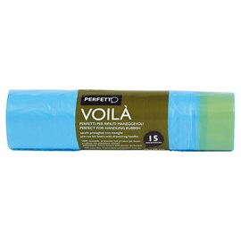 Sacchi per rifiuti con maniglie VoilA' - 50x60 cm - 30 L - 15 micron - azzurro - Perfetto - rotolo da 15 sacchetti