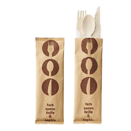 Tris posate - in legno - 16 cm - con tovagliolo - Leone - conf. 48 pezzi