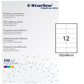 Etichette adesive - in carta - permanenti - 105 x 48 mm - 12 et/fg - 100 fogli - bianco - Starline