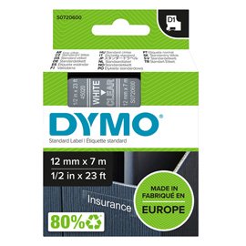 Nastro D1 standard 450200 - 12 mm x 7 mt - PL - bianco/trasparente - Dymo