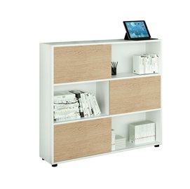 Libreria bassa Tetris a 3 ripiani ante scorrevoli - 120x35x116 cm - bianco/rovere