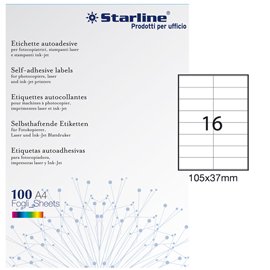 Etichette adesive - in carta - permanenti - 105 x 37 mm - 16 et/fg - 100 fogli - bianco - Starline