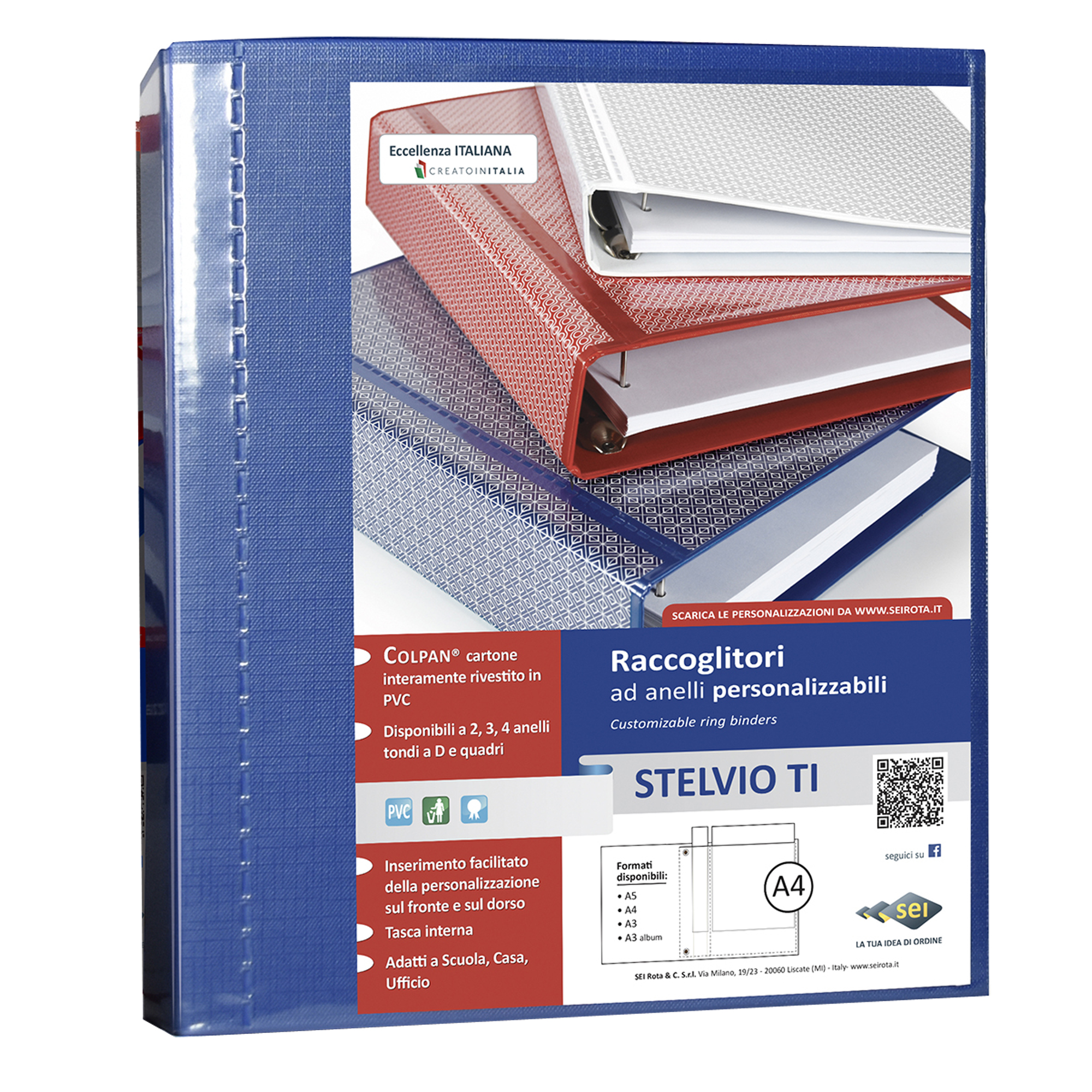 25495 Raccoglitore personalizzabile Stelvio TI - 22 x 30 cm - 4 anelli a D 25 mm - dorso 4 cm - blu - Sei Rota