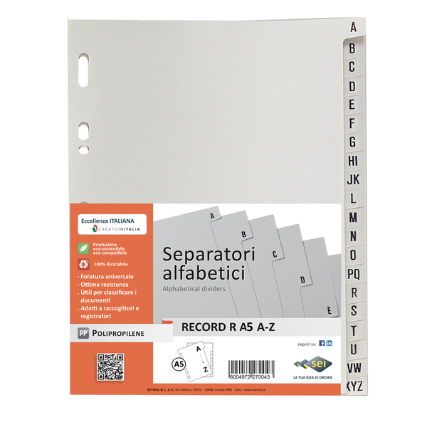 25662 Separatore alfabetico A/Z Record R - PP - 15x21 cm - A5 - grigio - Sei Rota