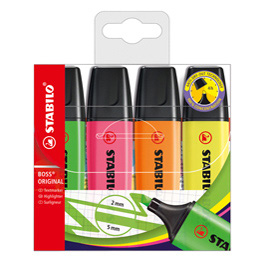 27688 Evidenziatore Stabilo Boss Original - punta a scalpello - tratto da 2 - 5 mm - colori assortiti - Stabilo - conf. 4 pezzi
