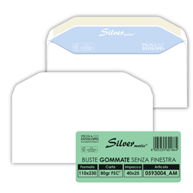 Busta Busta Silver Matic FSC - senza finestra - gommata - 11 x 23 cm - 80 gr - bianco - Pigna Envelopes - conf. 25 pezzi