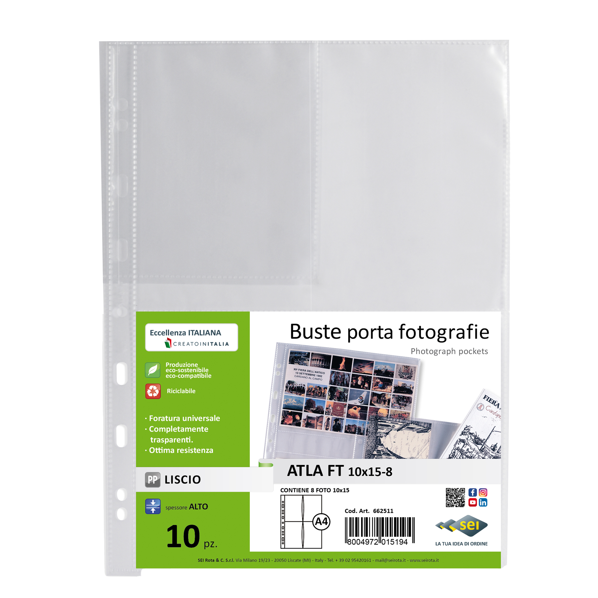48118 Buste forate Atla FT porta foto e cartoline - 8 spazi 10 x 15 cm - trasparente - Sei Rota - conf. 10 pezzi