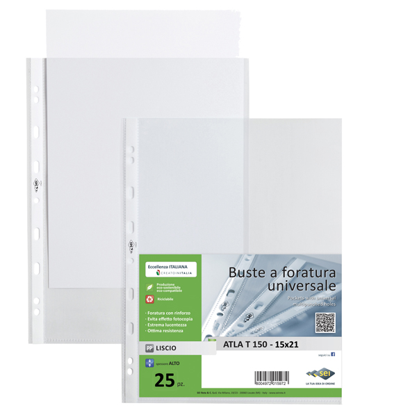 69068 Buste forate Atla T - pesante - liscio - 15 x 21 cm - trasparente - Sei Rota - conf. 25 pezzi