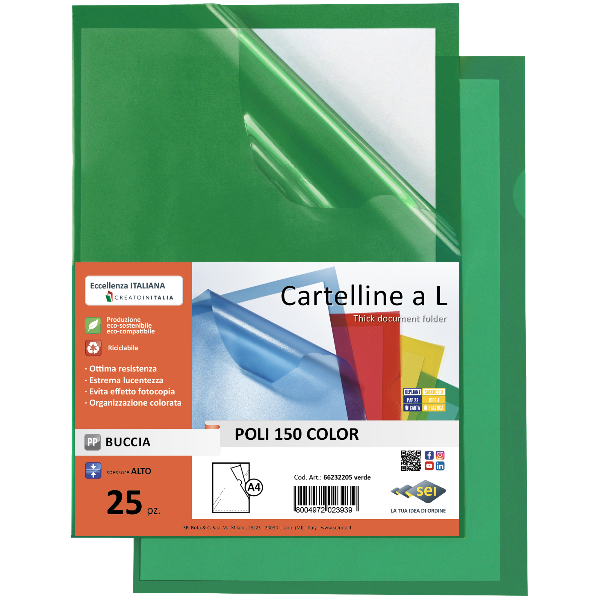 71934 Cartellina a L Poli 150 Color - A4 - PP - buccia pesante - verde - Sei Rota - conf. 25 pezzi