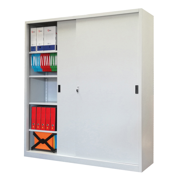 86645 Armadio alto in metallo ad ante scorrevoli - 2 vani e 8 piani regolabili - 180x45x200 cm - grigio - Bertesi