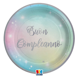 99160 Piatto Soft Rainbow - Buon Compleanno - diametro 24 cm - carta - Big Party - conf. 8 pezzi