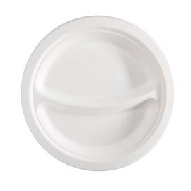 100168 Piatto piano a 2 scomparti monouso - rotondo - diametro 23 cm - canna da zucchero - bianco - Signor Bio - conf. 50 pezzi