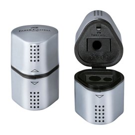 Temperamatite Grip 2001 con contenitore - 3 fori - silver - con doppio serbatoio - Faber-Castell