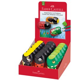 77111 Temperamatite Animals con contenitore - 2 fori - con serbatoio e gomma assortiti - Faber-Castell