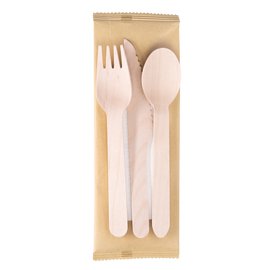 96707 Tris posate monouso - con tovagliolo - 16 cm - legno - Signor Bio - conf. 100 pezzi