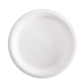 Piatto piano monouso - rotondo - diametro 23 cm - canna da zucchero - bianco - Signor Bio - conf. 50 pezzi