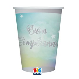 99163 Bicchiere Soft Rainbow - Buon Compleanno - 200 ml - carta - Big Party - conf. 8 pezzi