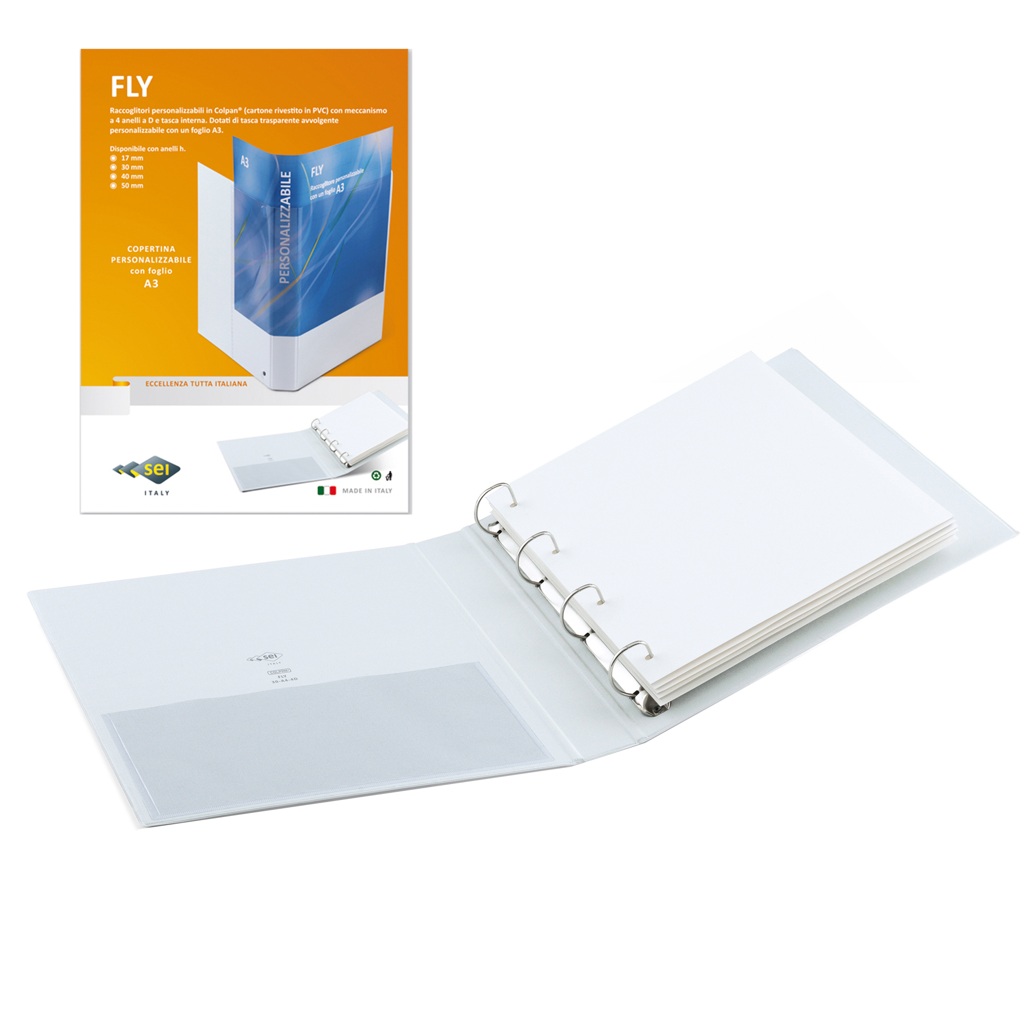 74611 Raccoglitore personalizzabile Fly - 22 x 30 cm - 4 anelli a Q 65 mm - dorso 9 cm - bianco - Sei Rota