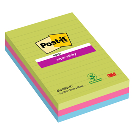 Blocco foglietti Post-it Super Sticky rettangolari - 660-3SSUC - a righe - 101 x 152 mm - colori Ultra - 90 fogli - Post-it