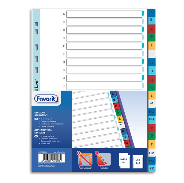 89344 Divisori alfabetici 20 tacche - PP - A4 - colori assortiti - Favorit