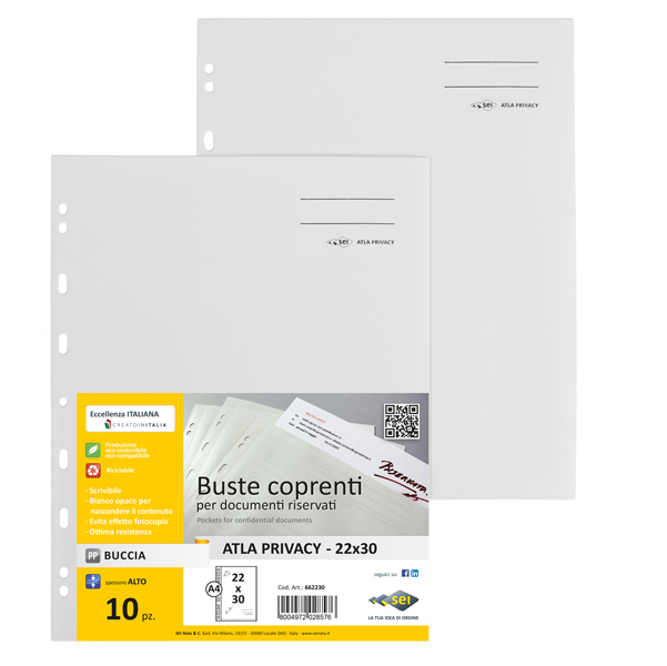 90127 Buste con foratura universale Atla Privacy - per documenti riservati - 22 x 30 cm - bianco - Sei Rota - conf. 10 pezzi