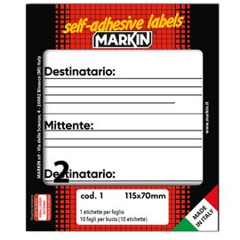 Etichette adesive - in carta - permanenti - 115 x 70 mm - 2 et/fg - 10 fogli - mittente/destinatario - bianco - Markin