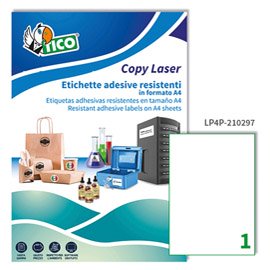 Etichette adesive LP4P - in poliestere - laser - permanenti - 210 x 297 mm - 1 et/fg - 70 fogli - bianco - Tico