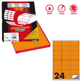 Etichette adesive C/500 - in carta - permanenti - 70 x 36 mm - 24 et/fg - 100 fogli - arancio fluo - Markin