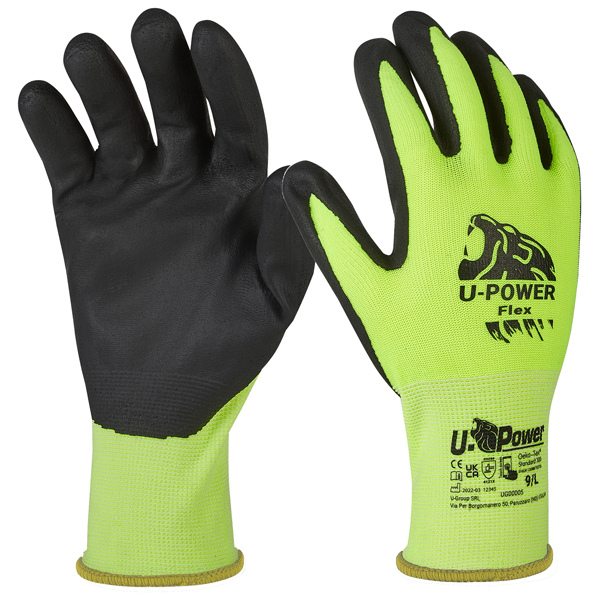 97552 Guanti di protezione FLEX - con polsino giallo - taglia 08 - verde fluo/nero - U-Power