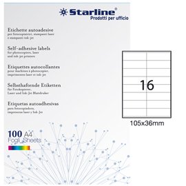 Etichette adesive - in carta - permanenti - 105 x 36 mm - 16 et/fg - 100 fogli - bianco - Starline