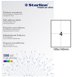 Etichette adesive - in carta - permanenti - 105 x 140 mm - 4 et/fg - 100 fogli - bianco - Starline