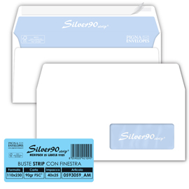 Busta SILVER90 STRIP FSC - bianca - internografata - con finestra - 110 x 230 mm - 90 gr - Pigna Envelopes - conf. 25 pezzi