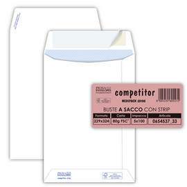 Busta a sacco Competitor FSC - strip adesivo - 23 x 33 cm - 80 gr - bianco - Pigna Envelopes - conf. 100 pezzi
