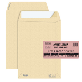 Busta a sacco Multi Strip - strip adesivo - 23 x 33 cm - 100 gr - carta riciclata FSC - avana - Pigna Envelopes - conf. 500 pezzi