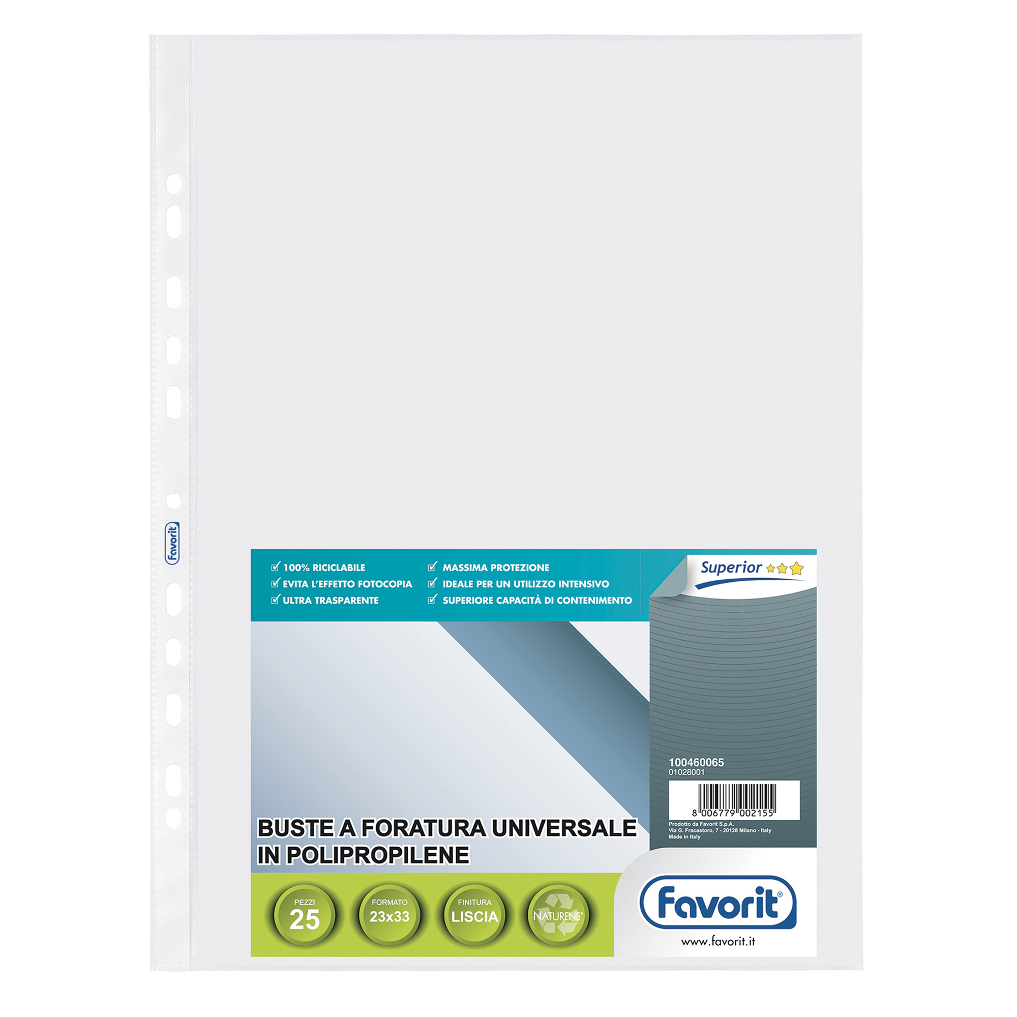 39407 Buste forate Special PP - Superior - liscio - 23 x 33 cm - trasparente - Favorit - conf. 25 buste