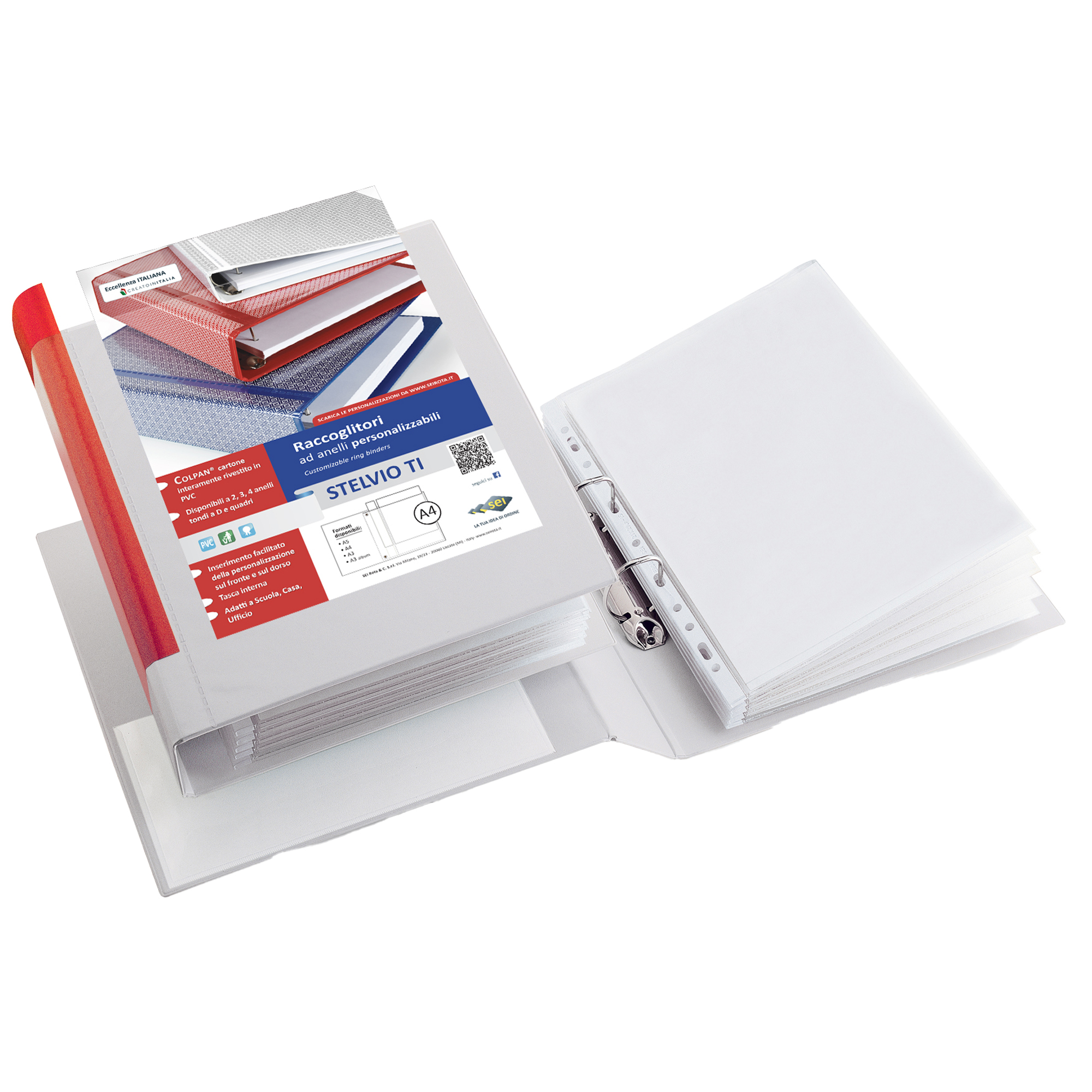 46839 Raccoglitore personalizzabile Stelvio TI - 22 x 30 cm - 2 anelli a Q 65 mm - dorso 9 cm - bianco - Sei Rota