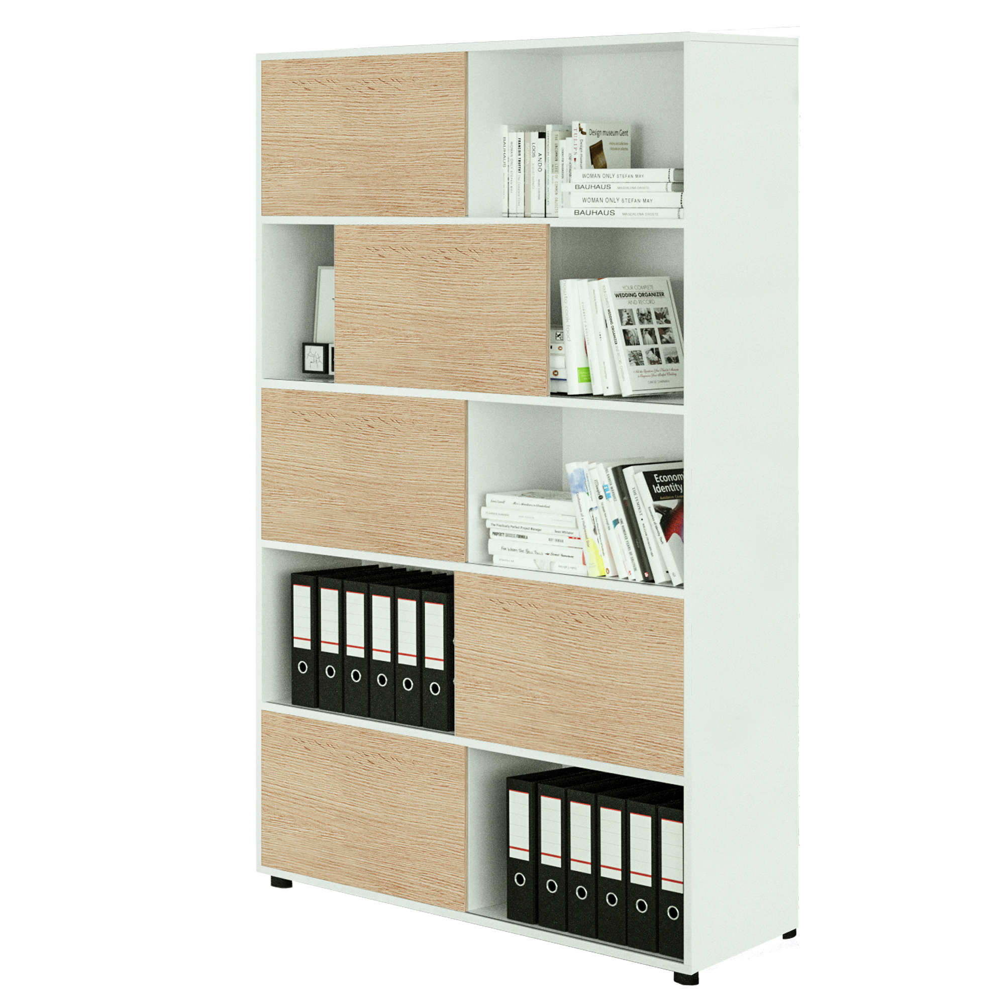 86673 Libreria alta Tetris a 5 ripiani ante scorrevoli - 120x35 x191 cm - bianco/rovere