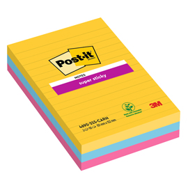 Blocco Post-it Super Sticky - 4690-3SS-CARN - a righe - 101 x 152 mm - colori Carnival - 90 fogli - Post-it - conf. 3 pezzi