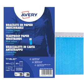 Braccialetti identificativi - in Tyvek - blu fluo - 265 x 19 mm - 50 fogli - 10 et/fg - Avery - Conf. 500 pezzi