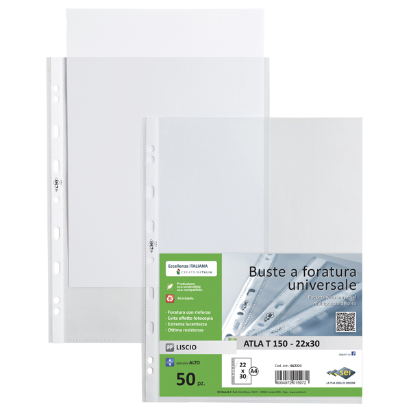 64512 Buste forate Atla T - pesante - liscio - 22 x 30 cm - trasparente - Sei Rota - conf. 50 pezzi